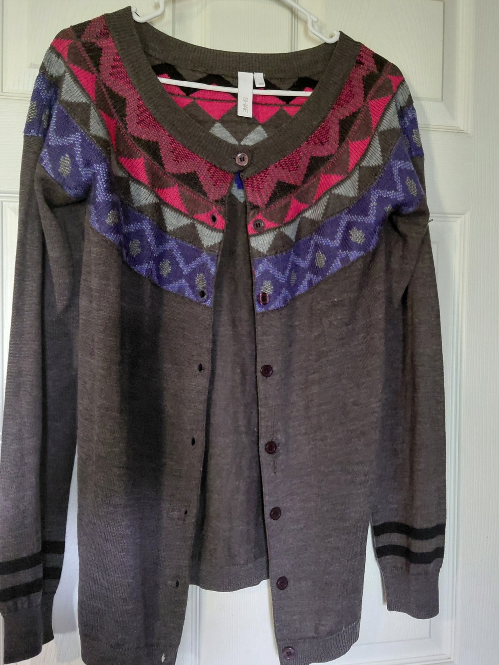 Brown Knit Cardigan with Pink & Purple Fair Isle Yoke